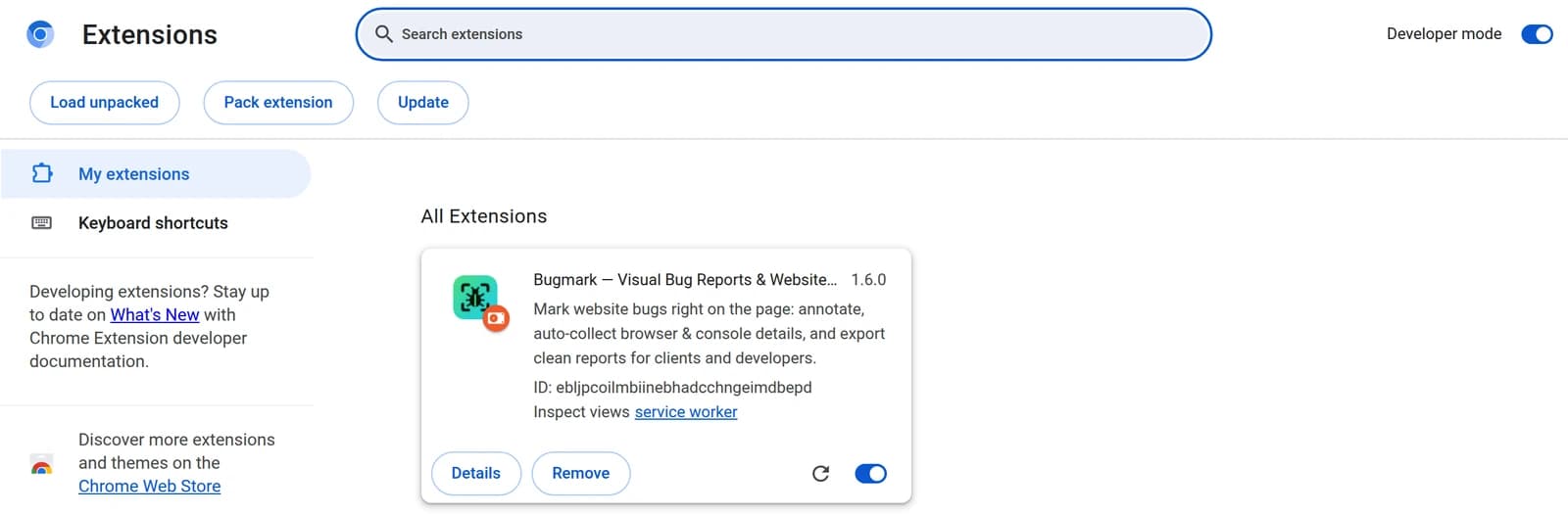 chrome://extensions with Developer mode switched on, the Load unpacked button, and Bugmark 1.6.0 installed