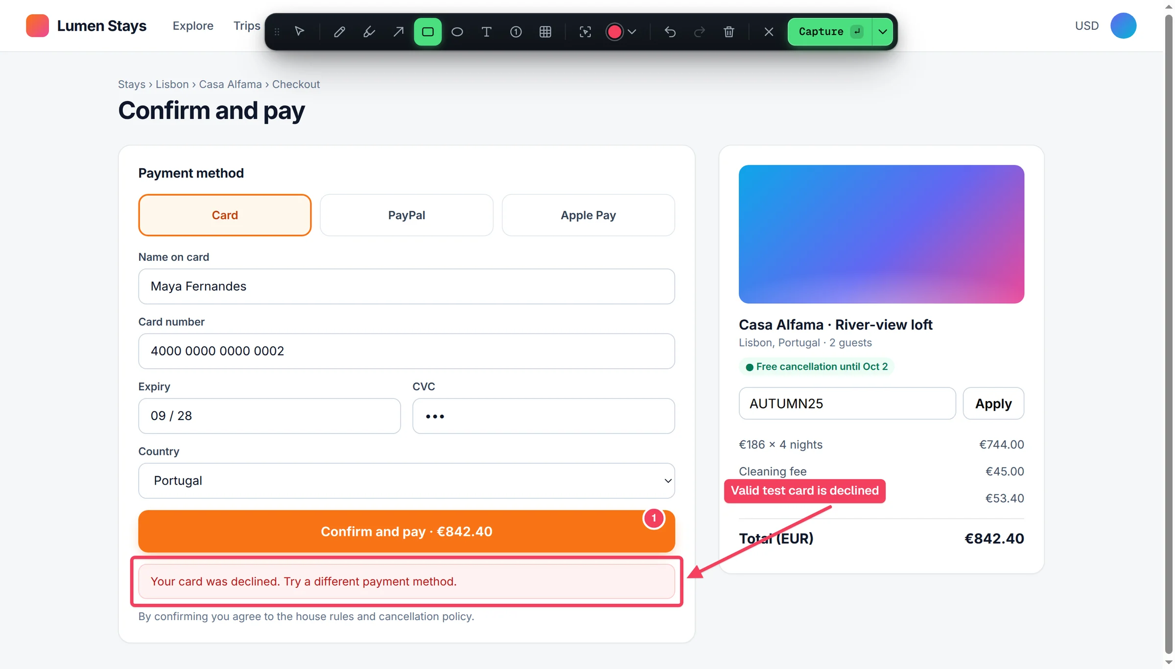 Bugmark toolbar over a live checkout page with a rectangle, arrow, numbered pin and text label marking a payment error