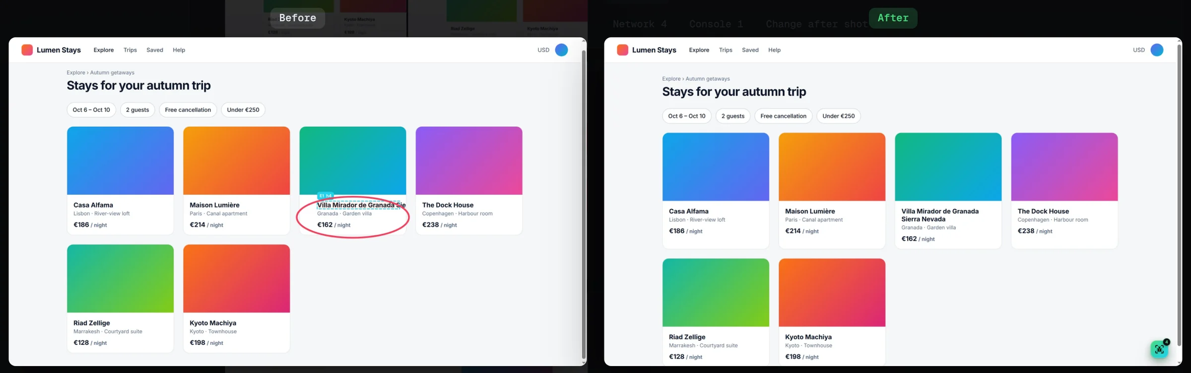Before and after screenshots of a card layout fix shown side by side