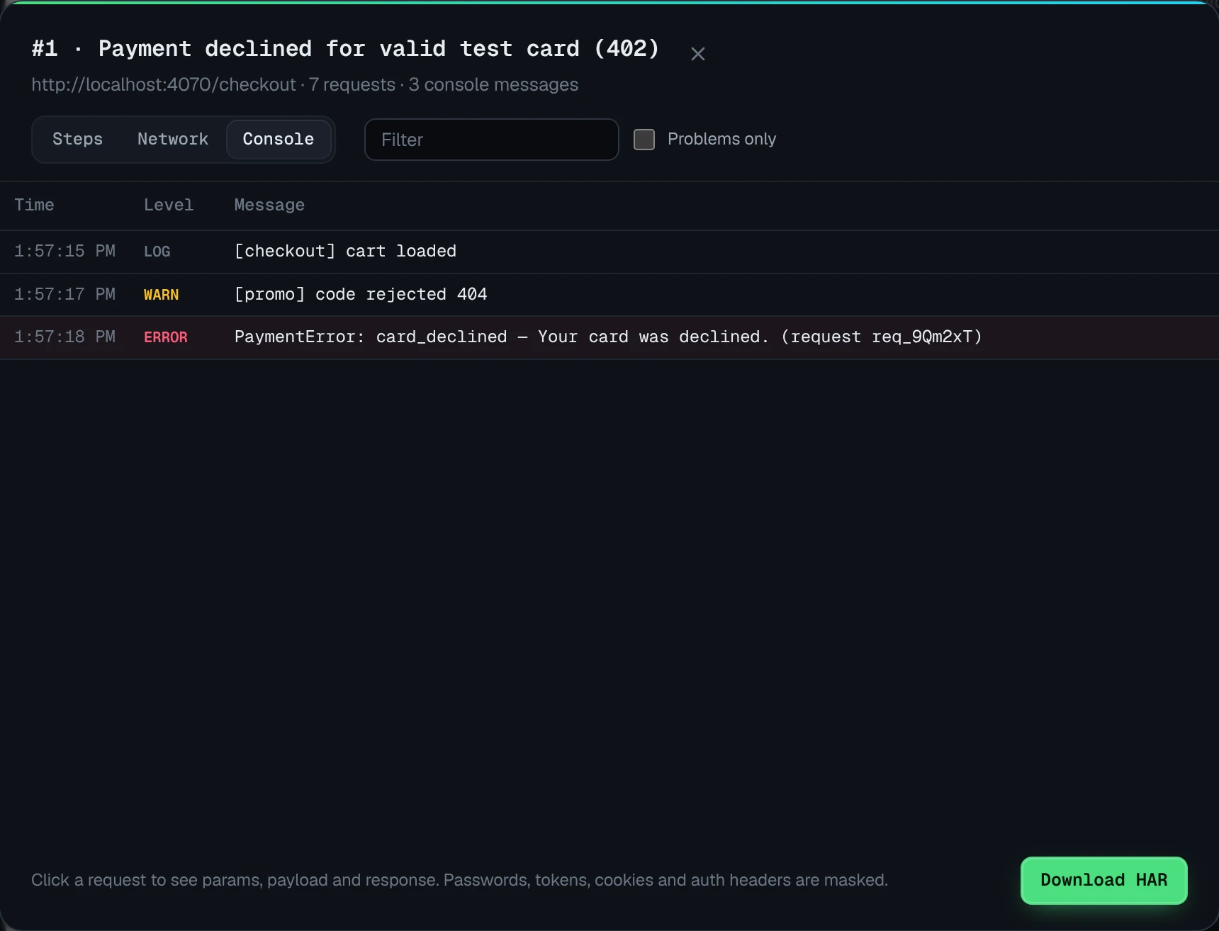 Console tab listing log, warning and error messages recorded at capture time