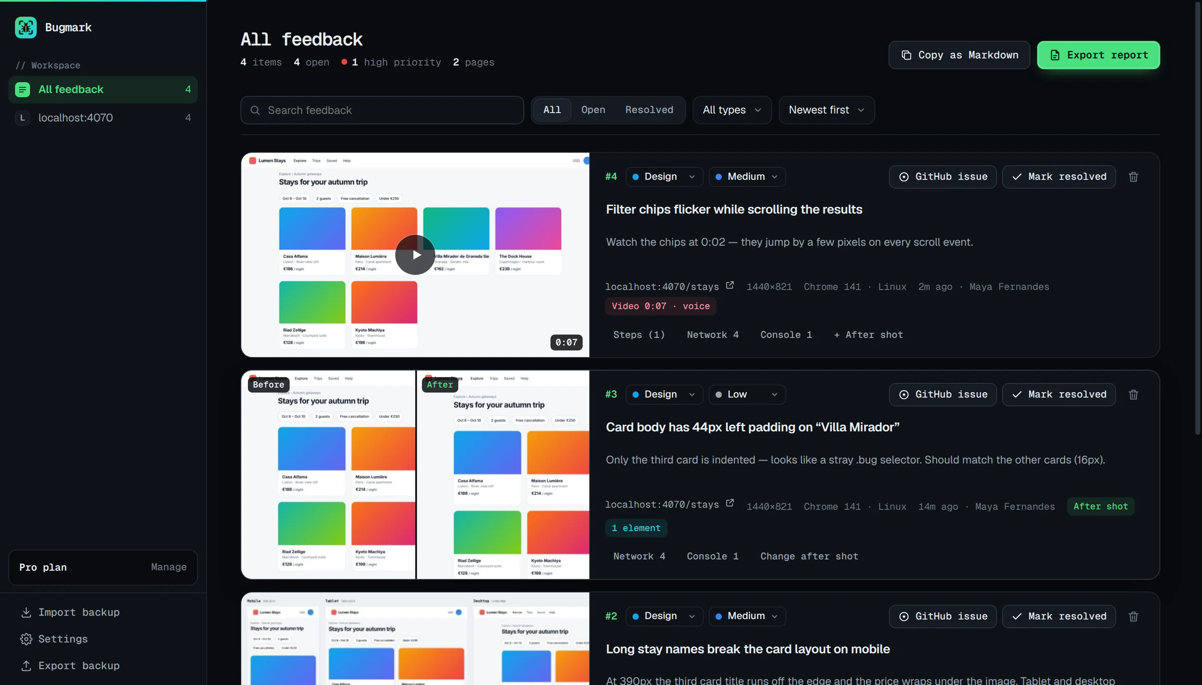 Bugmark report dashboard with recordings, before/after shots, breakpoints, network and console counts