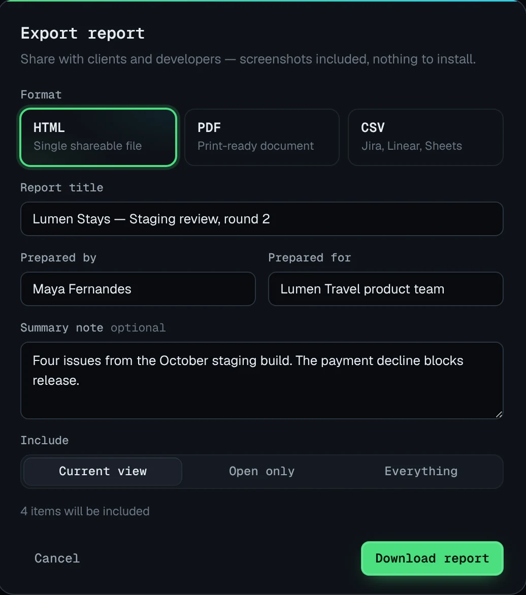 Export report dialog with HTML, PDF and CSV formats