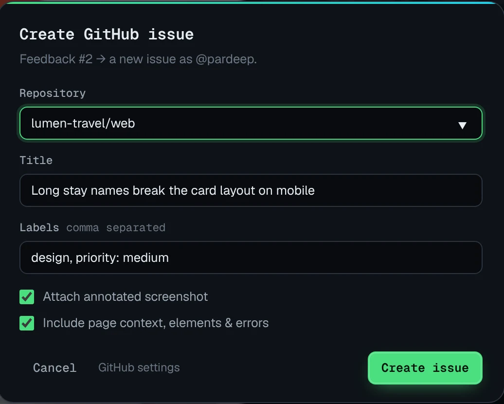 Create GitHub issue dialog with repository, title, labels and attachment options