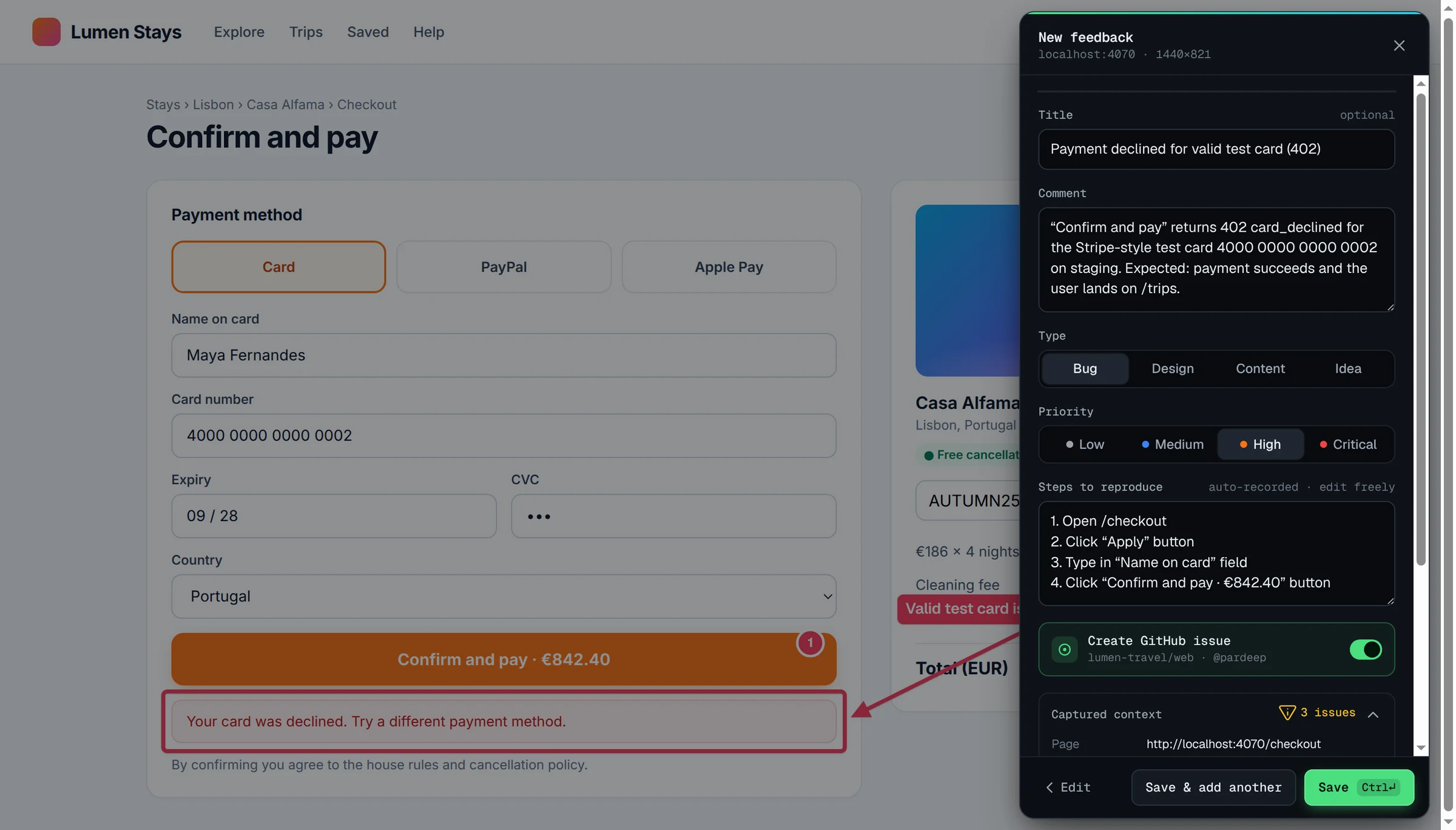 Bugmark feedback panel on a checkout page: annotated declined-payment error, title, comment, priority, auto-recorded steps to reproduce and a “Create GitHub issue” toggle