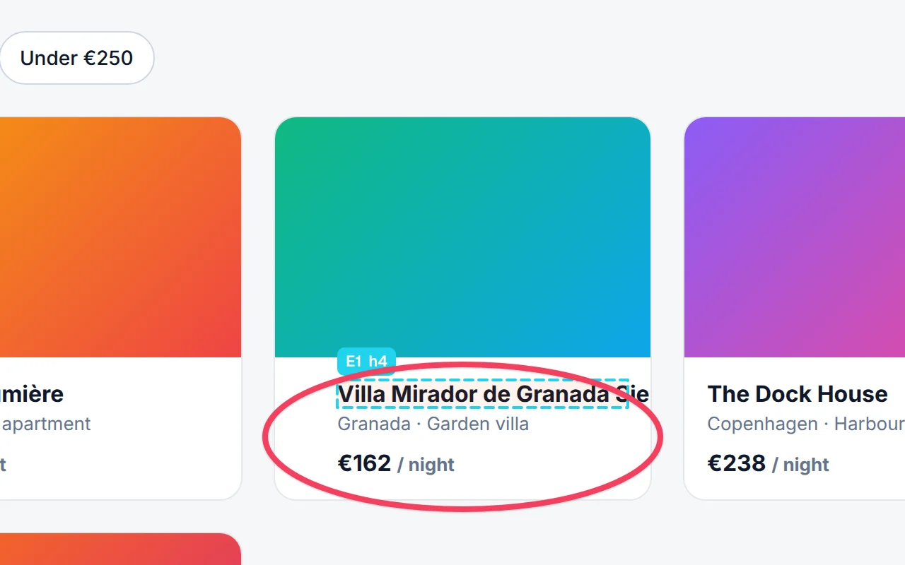 Element inspector highlighting a card title with its size badge