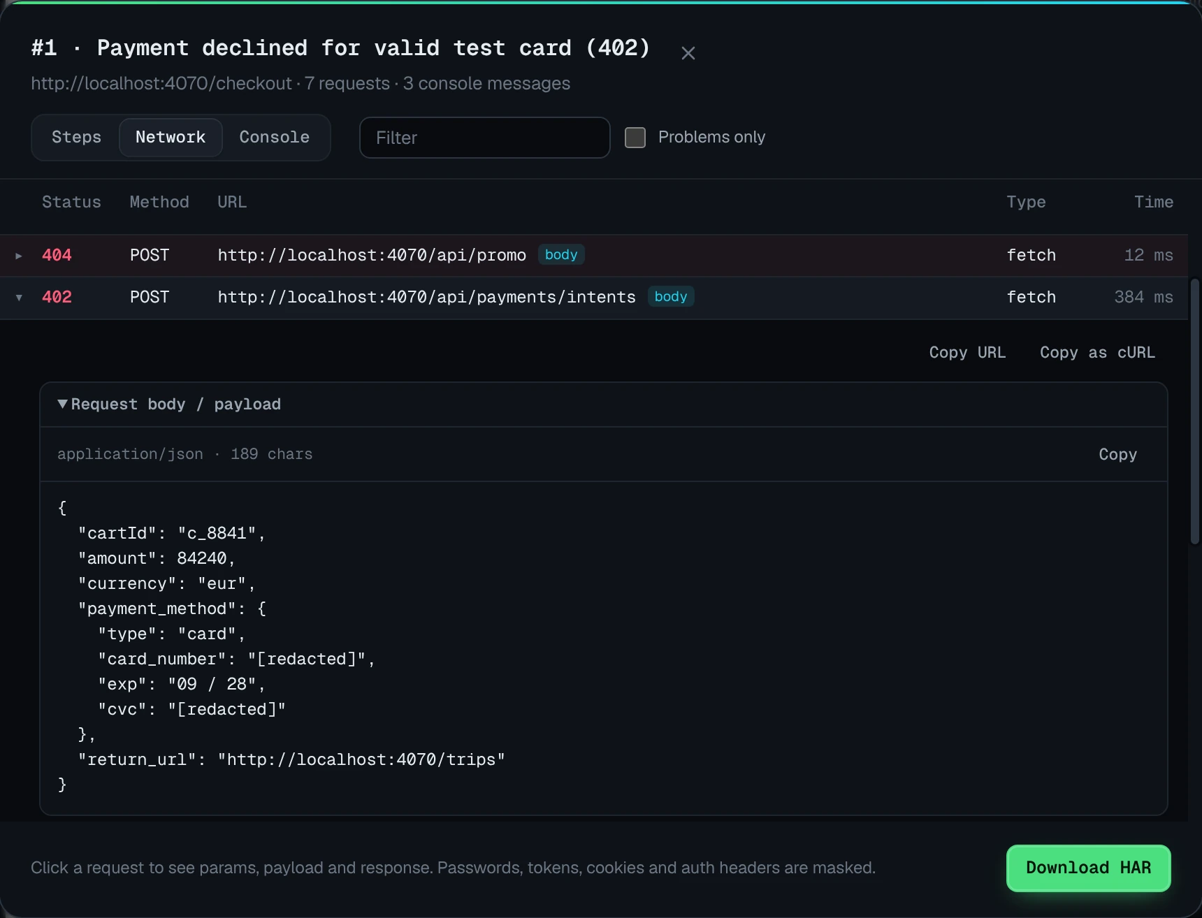 Network tab showing a failed POST /api/payments/intents with its JSON request payload and redacted card fields
