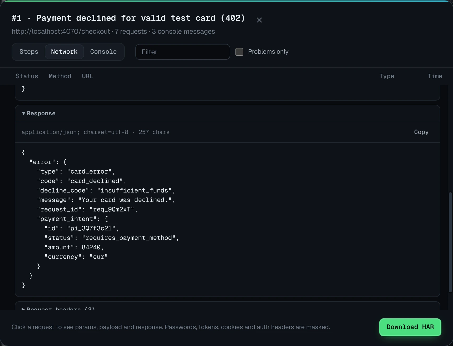 Network tab showing the 402 JSON response body for a declined payment