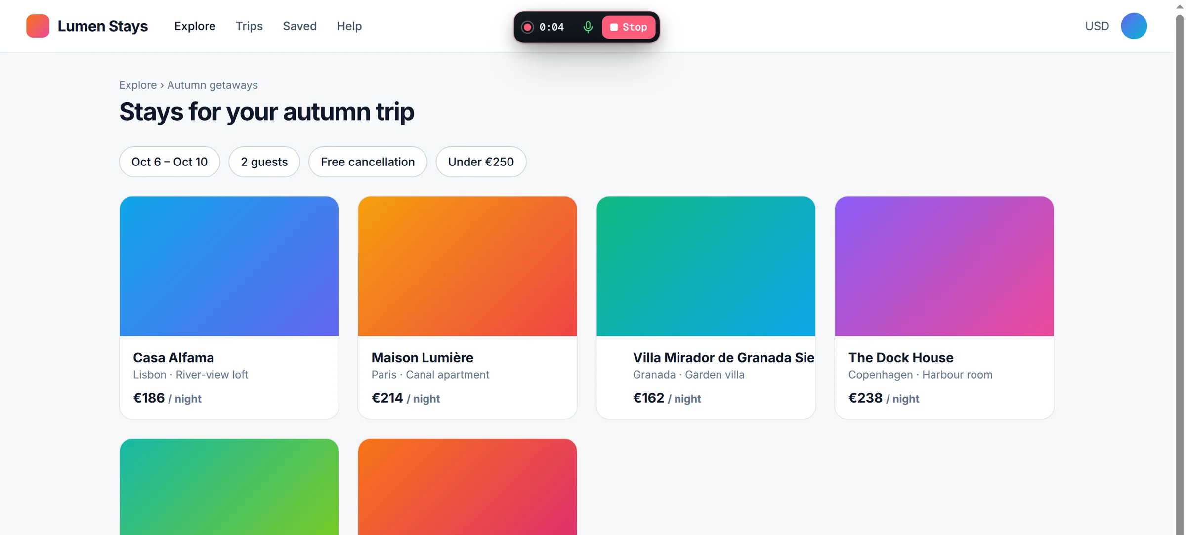 Recording bar with timer, microphone indicator and Stop button above a live page