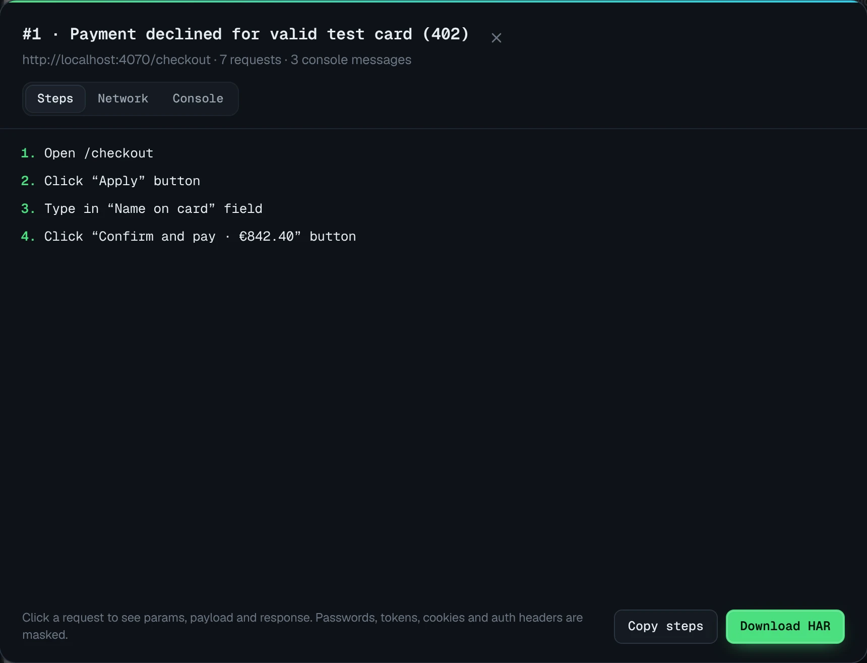 Steps to reproduce recorded automatically: open checkout, apply promo, type name, click Confirm and pay